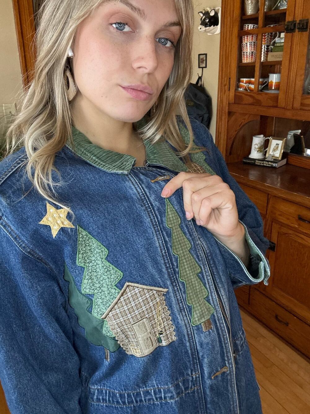 Christopher & Banks XL Log Cabin Denim Jacket Bear Northwoods Western Corduroy